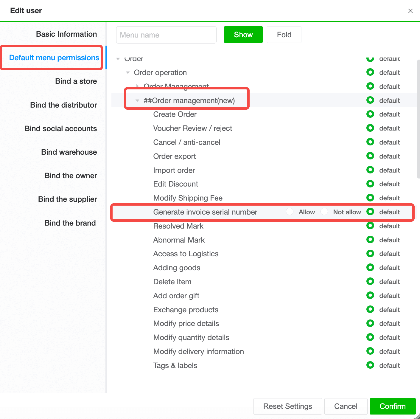 Added p[ermission for generate invoice serial number and cancel financial invoice