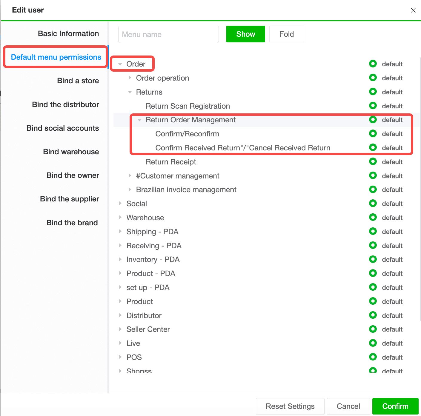 Added return order management permissions Menu